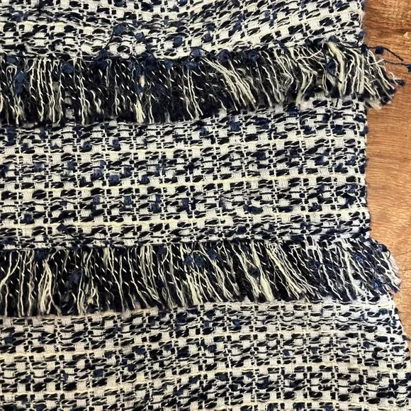 SAIL TO SABLE-NAVY/CREAM TWEED-SHIFT DRESS-FRINGE TRIM-LINED-BACK ZIPPER-SIZE 6 - Picture 4 of 8